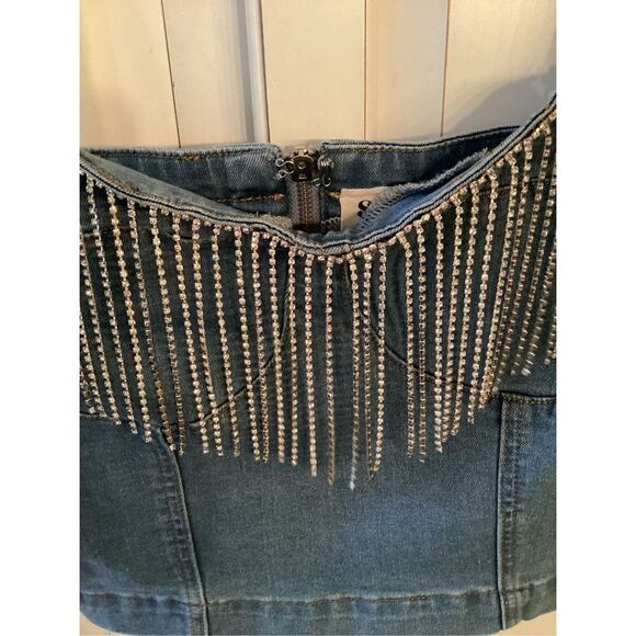 Savanna Jane Emma Denim Cropped Corset Sz M Rhinestone Fringe - Picture 3 of 8